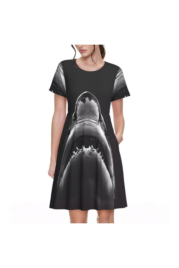 Black And White Shark Pattern Women's Short Sleeve Summer Dress Pleated Loose Swing Knee Length Short Sleeve Swing Dresses