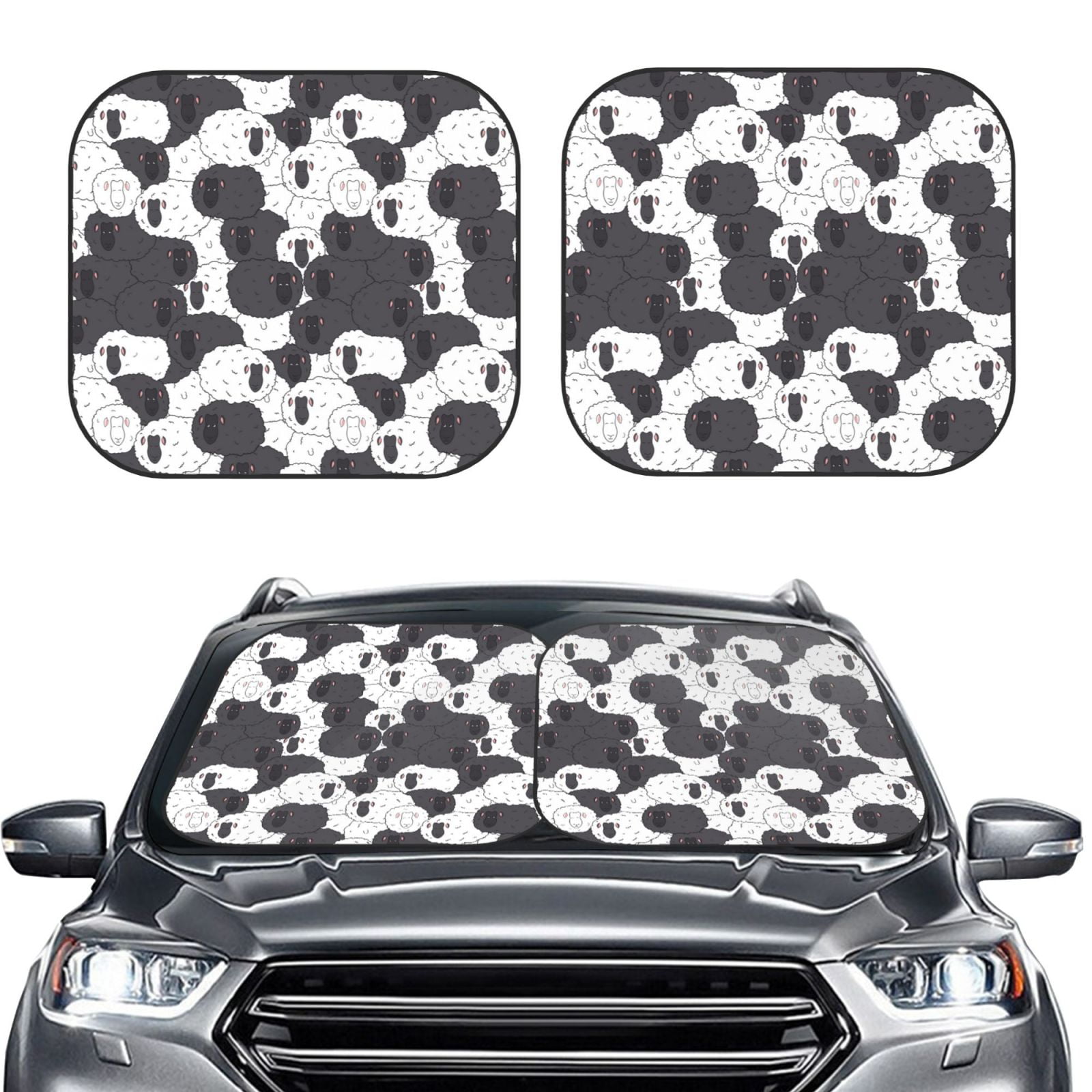 Picia Black And White Sheeps 2 Piece Car Windshield Sun Shade Foldable