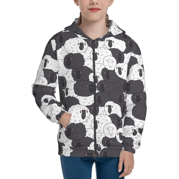 Picia Black And White Sheeps for Boys Fashion Full-zip Hoodies & Sweatshirts with Kangaroo Pocket,Zip-up Hooded Sweatshirt for Kid, Moisture Wicking & Breathable-Small