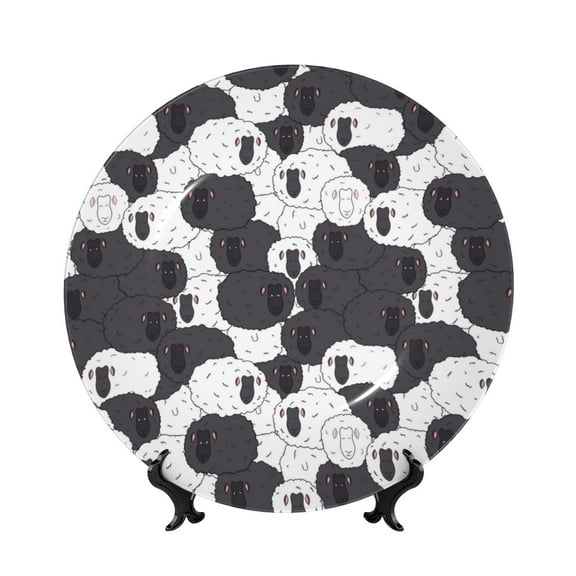 Picia Black And White Sheeps Pattern Bone China Decorative Plate – Wall Decor with Stand and Adhesive, Elegant Ornament for Living Room, Office, or Entryway-7in