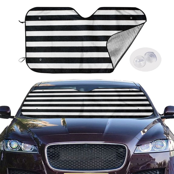 Picia Black And White Stripes Curved Windshield Sunshade Accordion Folding Style Auto Shade for Car Truck SUV Van Blocks UV Ray Sun Visor Protector -