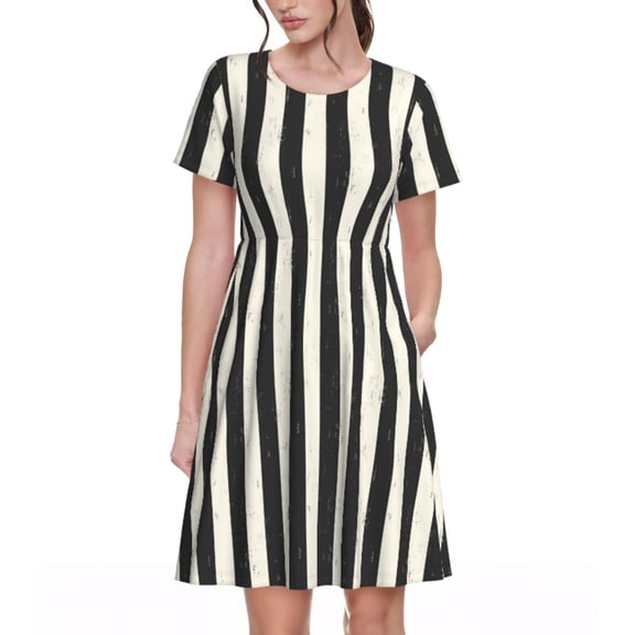 Picia Black And White Thick Stripes Pattern Women's Short Sleeve Summer Dress Pleated Loose Swing Knee Length Short Sleeve Swing Dresses