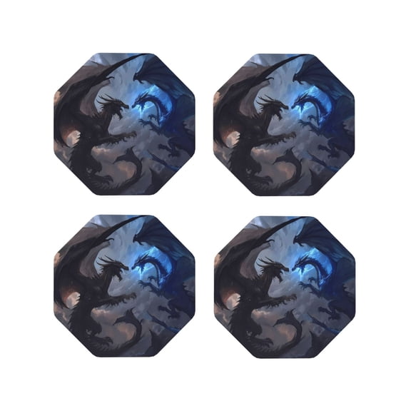 Picia Black And Blue Lightning Dragon Printed Leather Coasters for Drinks, 4" Drink Coasters Set of 4 for Tabletop Protection, Handmade Luxurious Home Décor and Housewarming Gift -Octagon
