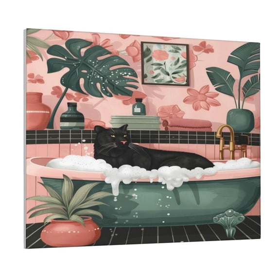 Picia Black Cat Pink Bathroom Pattern Decorative Picture – Unique Wall Art, Modern Canvas Print for Trendy Interiors (Horizontal)