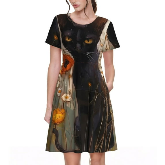 Picia Black Cat in Wildflowers Pattern Women's Short Sleeve Summer Dress Pleated Loose Swing Knee Length Short Sleeve Swing Dresses