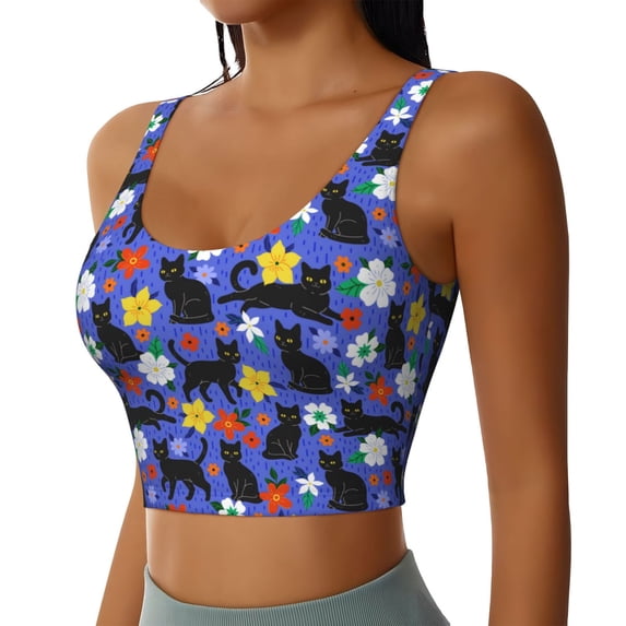 Picia Black Cats And Flowers Sports Bra for Women,Padded Strappy Sports Bras Medium Support Yoga Bra with Removable Cups,Running Yoga Bra-Small