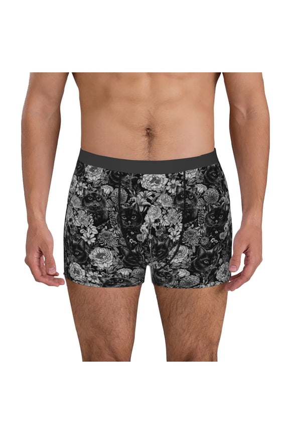 Black Cats In A Garden Pattern Men’s Boxer Briefs – Soft & Breathable Underwear, Stretchy & Comfortable Fit, Supportive Pouch Design, Moisture-Wicking-Small
