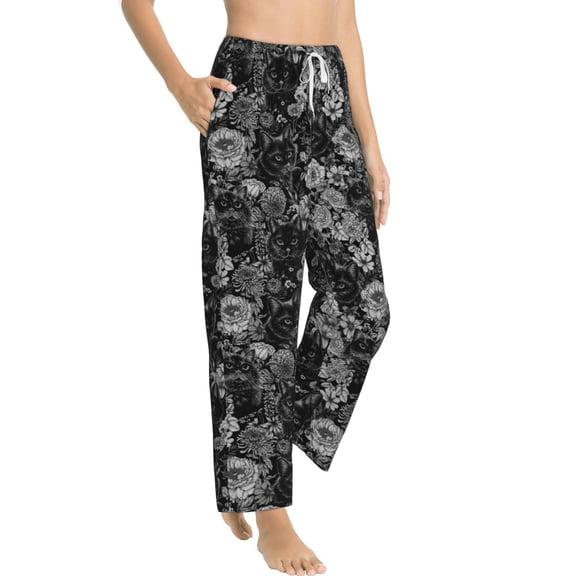 Picia Black Cats In A Garden Womens Soft Woven Cotton Elastic Waistband Sleep Pajama Pant Lounge Sleep Pant With Pockets And Drawstring-Small
