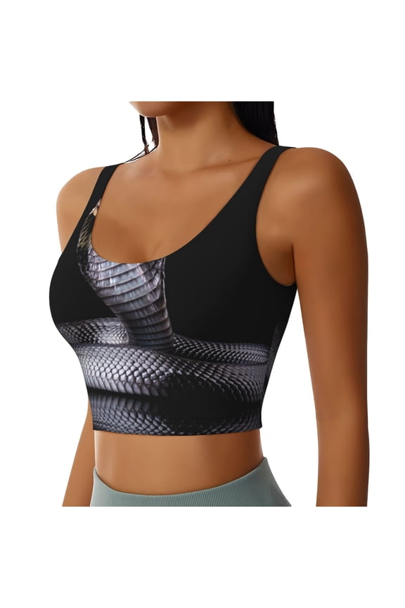 Black Cobra Snake Sports Bra for Women,Padded Strappy Sports Bras Medium Support Yoga Bra with Removable Cups,Running Yoga Bra-Medium