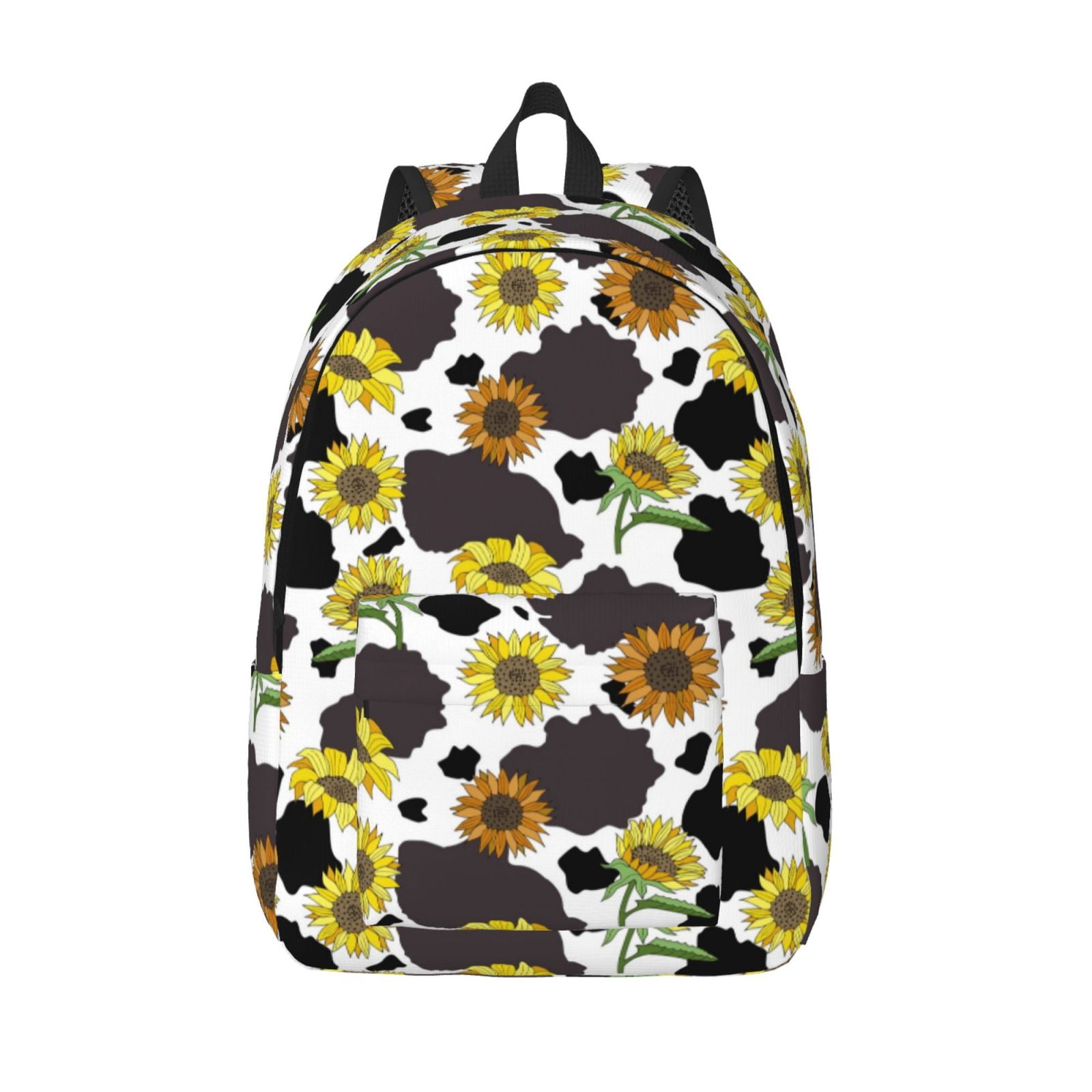 Picia Black Cow Sunflowers Printed Canvas Daypack - Stylish and Durable Vintage Compact Backpack - Class, Work, Travel, or Laptop Bookbag,Organized Compartments-Medium