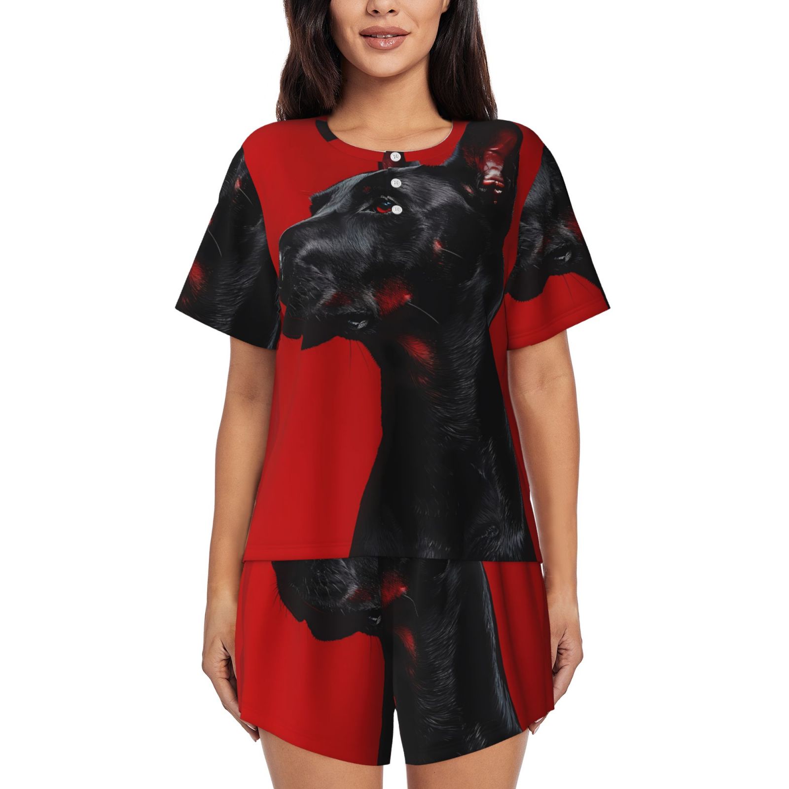 Picia Black Dog Red Background Pajamas Sets for Women Soft Short ...