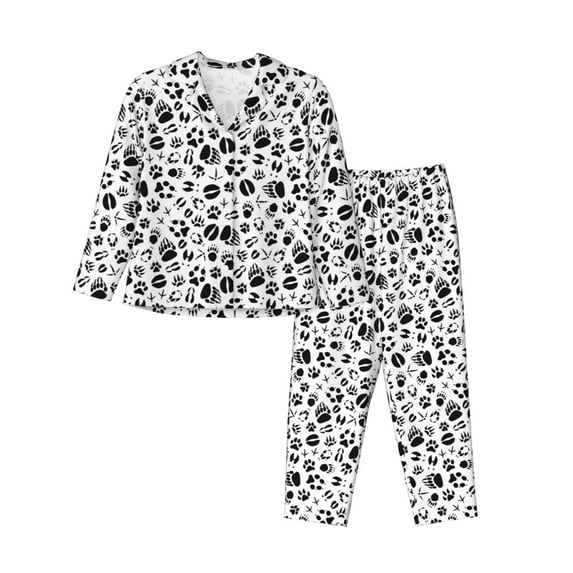 Picia Black Footprints Pattern Women’s Long-Sleeve Sleepwear Set - Soft 2-Piece Loungewear with Pockets, Comfy PJs for Relaxing Nights-Medium