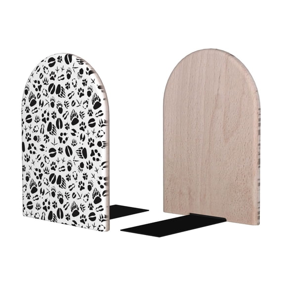 Picia Black Footprints Pattern Wood Bookends for Shelves,Non-slip Bookends, Heavy Duty Wooden Bookend Support,1 Pair