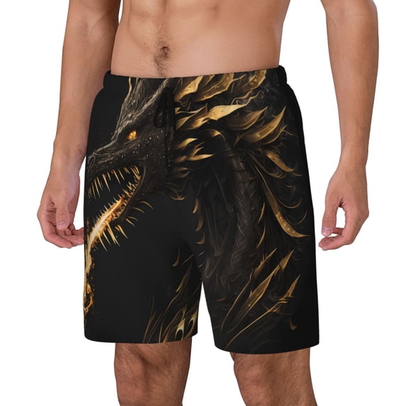 Picia Black And Gold Fire Dragon pattern Mens Swim Trunks with Compression Liner Stretch Beach Shorts Quick Dry with Zipper Pockets No-Chafing Board Shorts-Medium