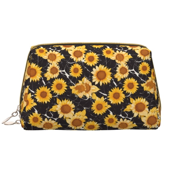 Picia Black Marble Pattern Sunflower Print Leather Makeup Bag Make Up Bag Travel Toiletry Bag for Her Girlfriend Teacher Teen Girl Gifts