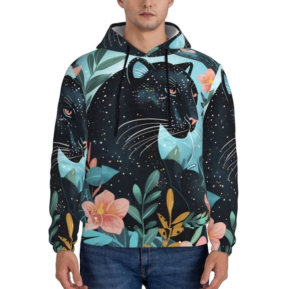 Picia Black Panther Floral Illustration Pattern Casual Men's Hoodie - Lightweight Hooded Sweatshirt with Kangaroo Pocket, Comfortable Pullover for Everyday, Travel-Medium