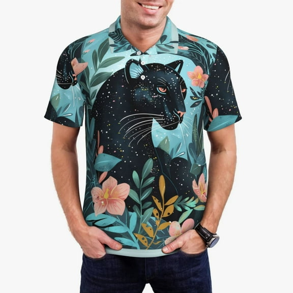 Picia Black Panther Floral Illustration Print Men's Polo Shirt, Two-Button Closure Pique Polo Shirt, Summer Fashion Golf Shirt-X-Large