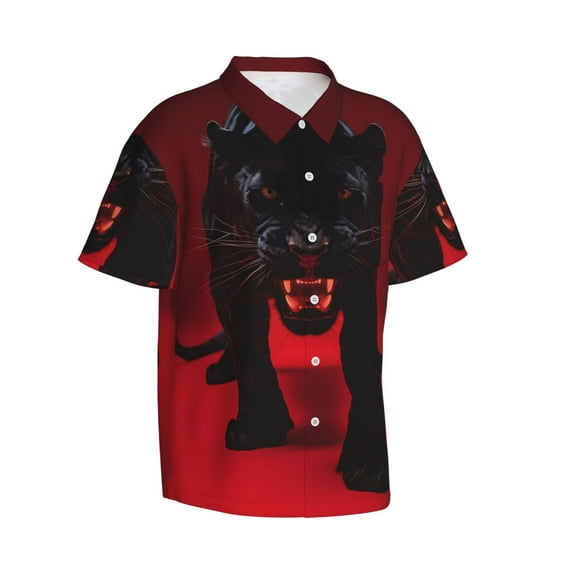 Picia Black Panther Red Background Gentle Cotton Regular Fit Short Sleeve Casual Hawaiian Shirt for Men-Small