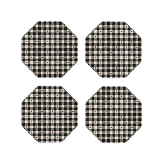Picia Black Plaid Heart Printed Leather Coasters for Drinks, 4" Drink Coasters Set of 4 for Tabletop Protection, Handmade Luxurious Home Décor and Housewarming Gift -Octagon
