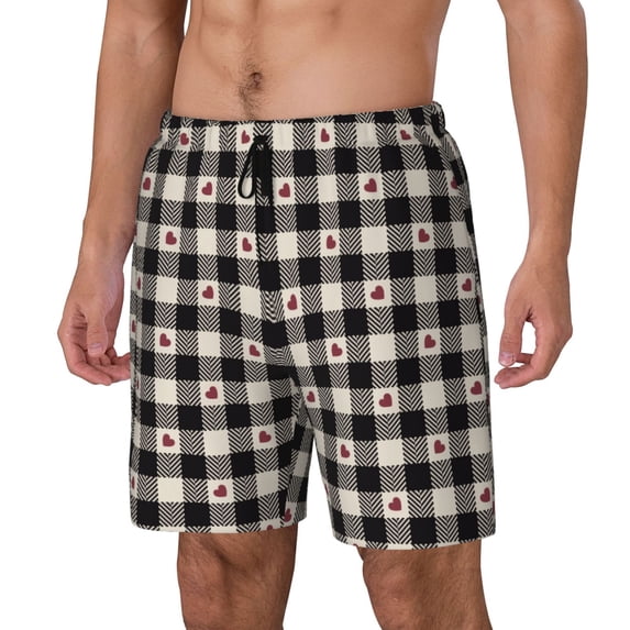 Picia Black Plaid Heart pattern Mens Swim Trunks with Compression Liner Stretch Beach Shorts Quick Dry with Zipper Pockets No-Chafing Board Shorts-Small