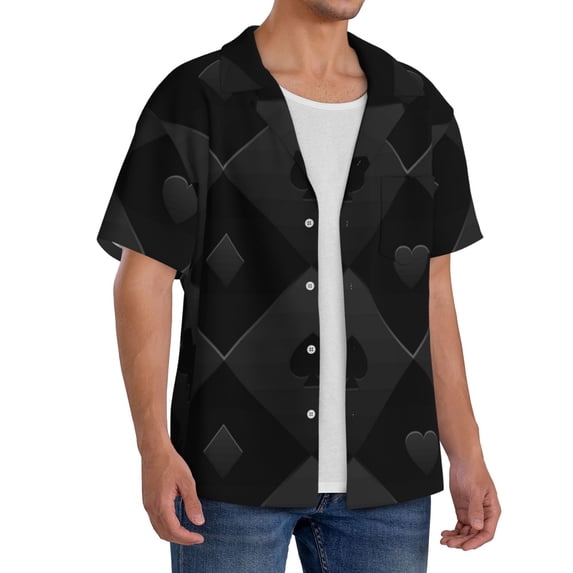 Picia Black Poker Men's Linen Shirts Short Sleeve Cuban Beach Shirts Casual Shirts Button Down Shirt for Men Beach Summer Wedding Shirt-Small