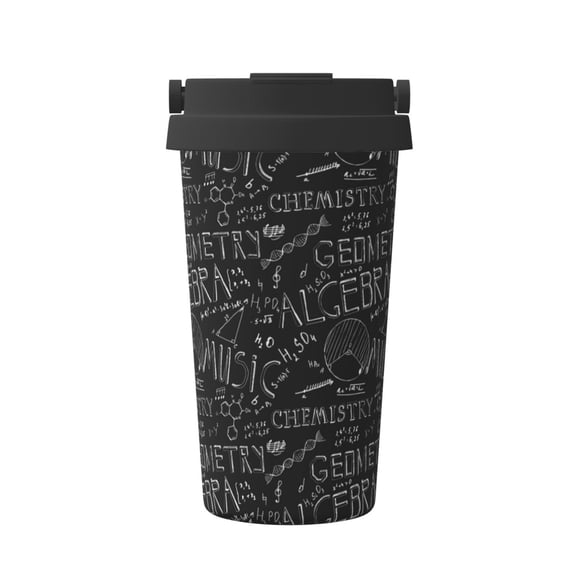 Picia Black Scientific Pattern 500ml Carry Insulated Coffee Mug, Stainless Steel Travel Mug with Hidden Handle, Leak-Proof for Car, Office, Home, and Outdoor Use