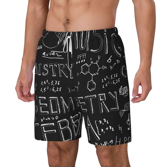 Picia Black Scientific pattern Mens Swim Trunks with Compression Liner Stretch Beach Shorts Quick Dry with Zipper Pockets No-Chafing Board Shorts-Large