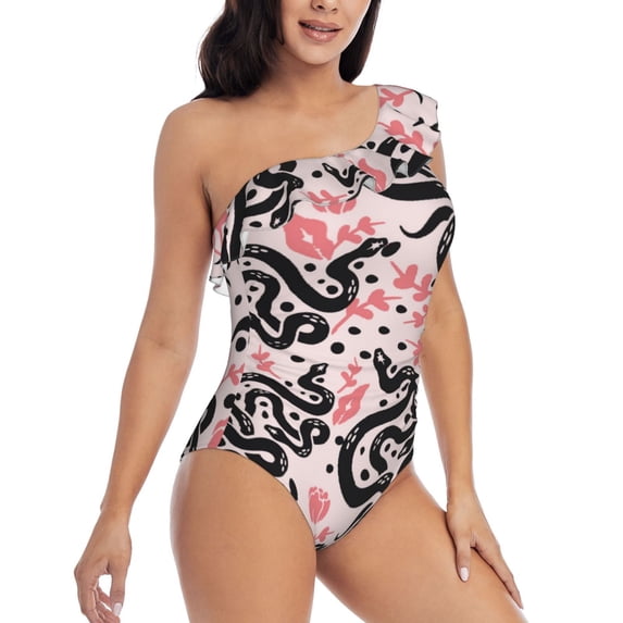 Picia Black Snake Pattern Women's One Piece Swimsuits,One Shoulder Swimwear Asymmetric ,Ruffle Monokinis Bathing Suits,High Waisted Flattering Bathing Suits-