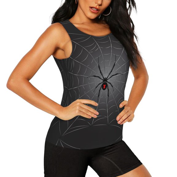 Picia Black Spider On Web Pattern Women's Workout Tank Top,Breathable Activewear,Slim Fit Athletic Top,Versatile Workout Moisture-wicking top-Medium