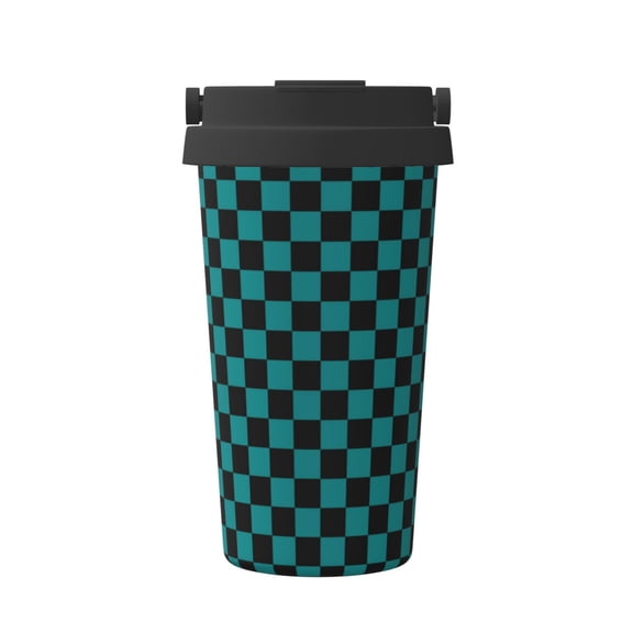 Picia Black And Teal Checkerboard Pattern 500ml Carry Insulated Coffee Mug, Stainless Steel Travel Mug with Hidden Handle, Leak-Proof for Car, Office, Home, and Outdoor Use