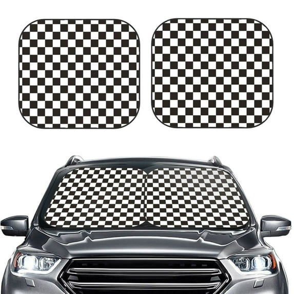 Picia Black and White Checkerboard 2 Piece Car Windshield Sun Shade Foldable | Foldable Sun Shield for Front Window Blocks UV Rays and Keeps Your Vehicle Cool-