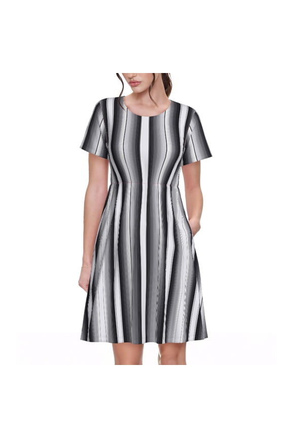 Black White Gray Mexican Blanket Serape Stripes Pattern Women's Short Sleeve Summer Dress Pleated Loose Swing Knee Length Short Sleeve Swing Dresses