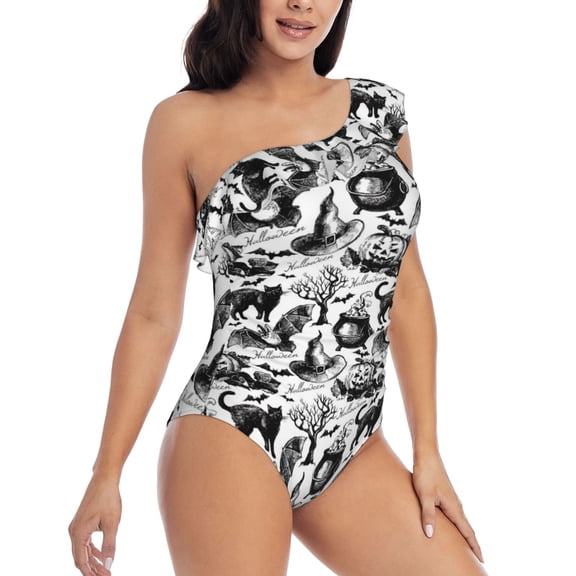 Picia Black White Halloween Pattern Women's One Piece Swimsuits,One Shoulder Swimwear Asymmetric ,Ruffle Monokinis Bathing Suits,High Waisted Flattering Bathing Suits-XX-Large