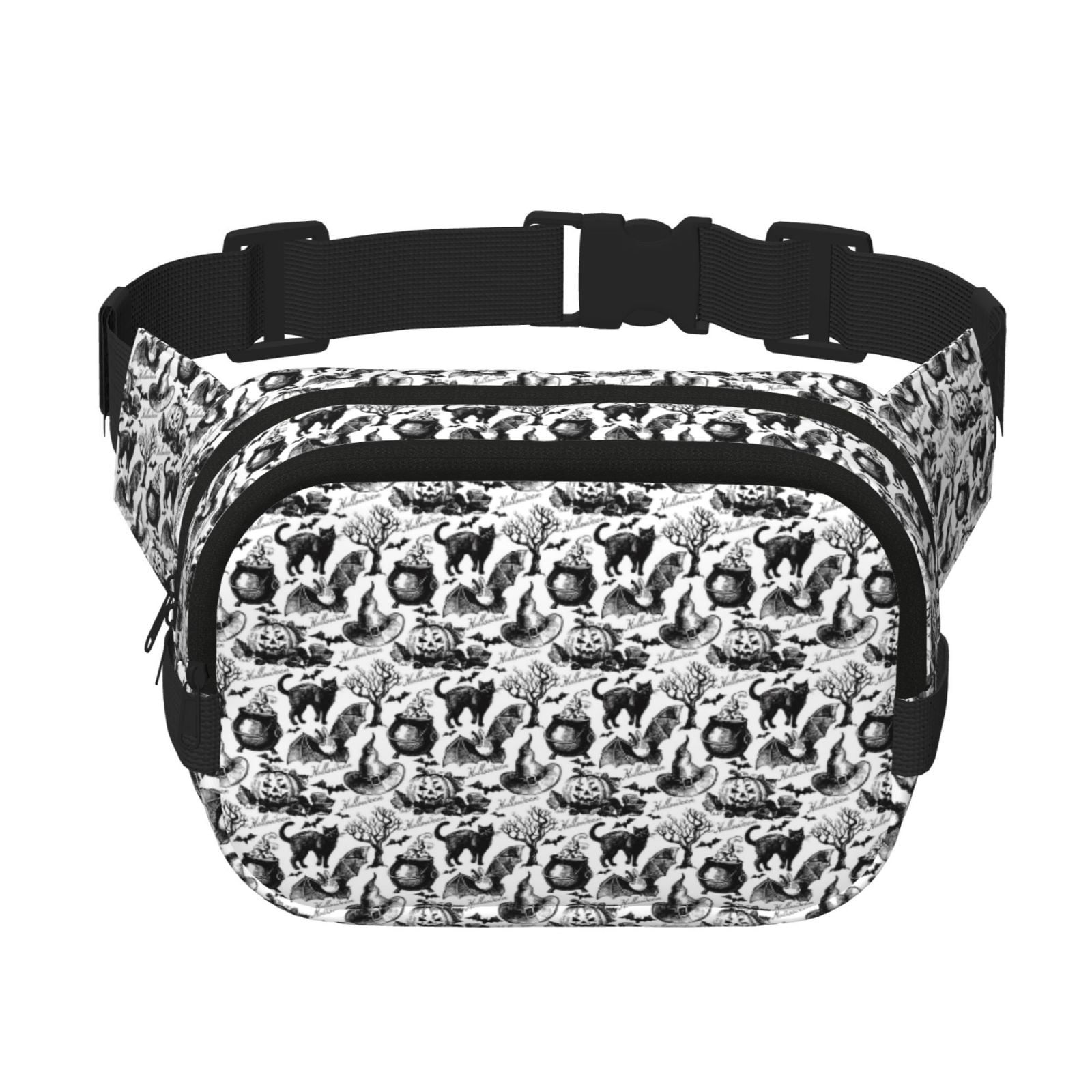 Picia Black White Halloween Print Square Double-Layer Waist Bag Mini Adjustable Waist Belt Bag Exercise Running Travel Hiking