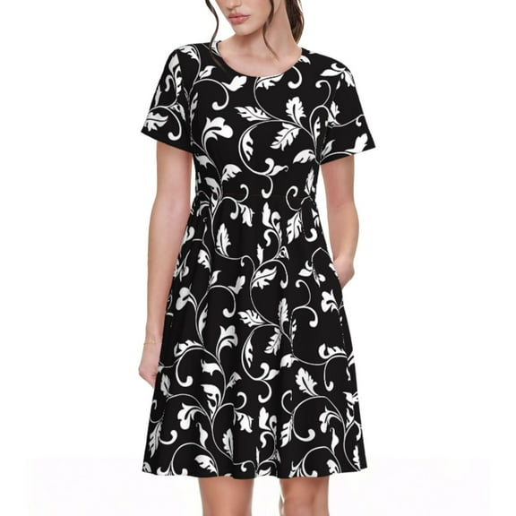 Picia Black White Leaves Pattern Women's Short Sleeve Summer Dress Pleated Loose Swing Knee Length Short Sleeve Swing Dresses