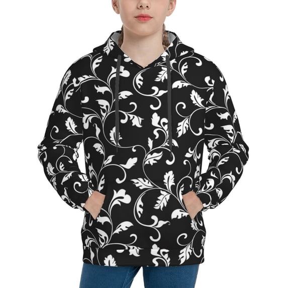 Picia Black White Leaves Pattern Youth Hoodie - Warm Pullover Sweatshirt with Kangaroo Pocket, Ideal for Boys and Girls-Medium