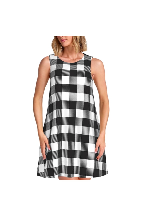 Black White Plaid Print Women’s Sleeveless Midi Swing Dress – A-Line Pleated Tank Sundress, Comfortable and Flowy T-Shirt Dress
