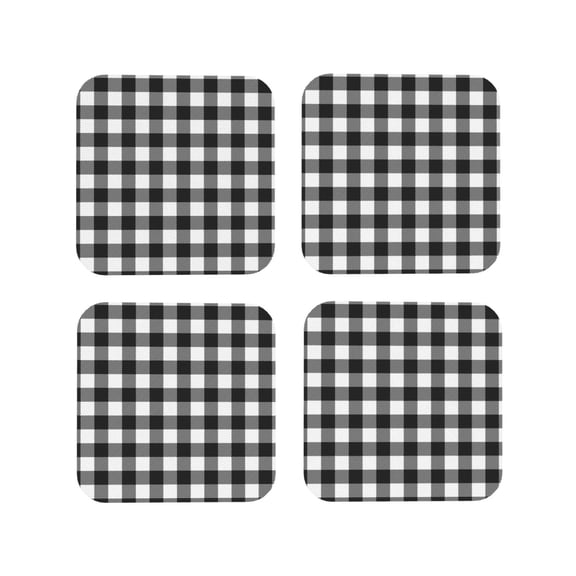 Picia Black White Plaid Printed Leather Coasters for Drinks, 4" Drink Coasters Set of 4 for Tabletop Protection, Handmade Luxurious Home Décor and Housewarming Gift -Square
