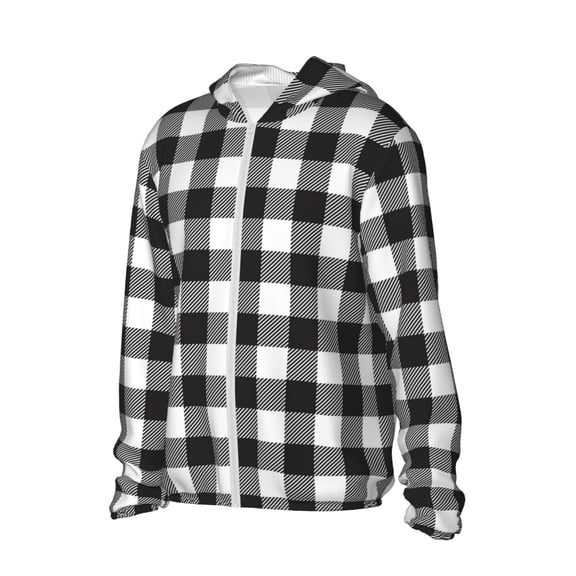 Picia Black White Plaid Women's Men's UPF 50 Sun Protection Hoodie Shirt Long Sleeve SPF Fishing Outdoor UV Hiking Lightweight Shirts-XX-Large