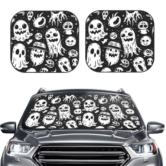Picia Black White Spooky Ghosts 2 Piece Car Windshield Sun Shade Foldable | Foldable Sun Shield for Front Window Blocks UV Rays and Keeps Your Vehicle Cool-Small