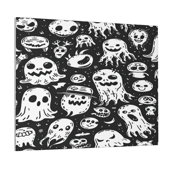 Picia Black White Spooky Ghosts Pattern Decorative Picture – Unique Wall Art, Modern Canvas Print for Trendy Interiors (Horizontal)