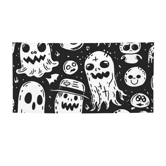 Picia Black White Spooky Ghosts Pattern Party Banner, Festive Decoration, Holiday Banner, Celebration Decor, Event Banner, Reusable Party Banner-Small