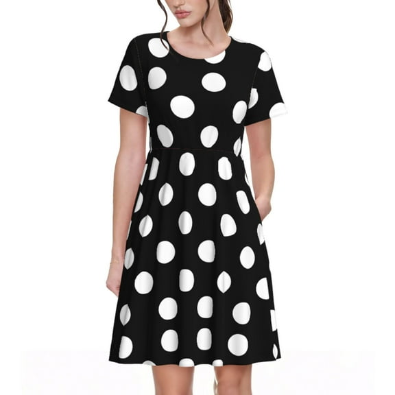 Picia Black and White Polka Dot Pattern Women's Short Sleeve Summer Dress Pleated Loose Swing Knee Length Short Sleeve Swing Dresses