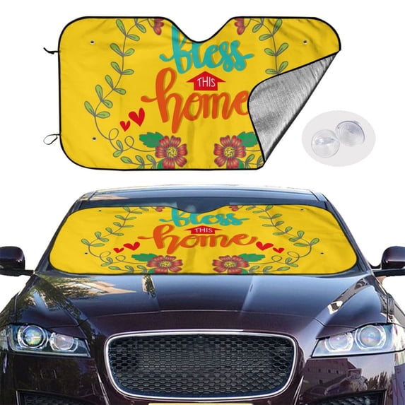 Picia Bless This Home Curved Windshield Sunshade Accordion Folding Style Auto Shade for Car Truck SUV Van Blocks UV Ray Sun Visor Protector -Medium