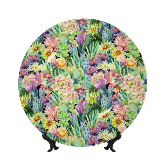 Picia Blooming Cactus Pattern Bone China Decorative Plate – Wall Decor with Stand and Adhesive, Elegant Ornament for Living Room, Office, or Entryway-8in