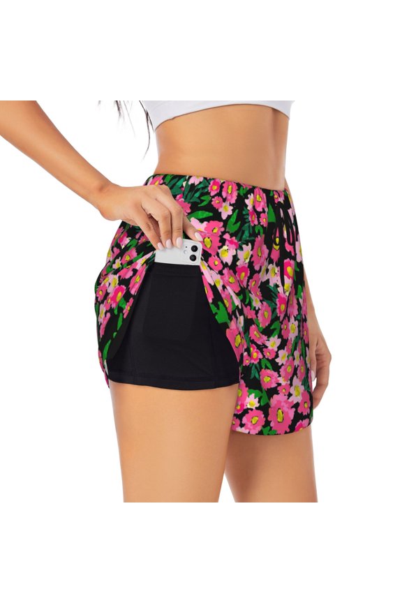Blooming Meadow Pattern Women's 2 in 1 Athletic Running Shorts High Waisted Workout Casual Gym Sweat Shorts with Comfy Liner Zipper Pockets-XX-Large