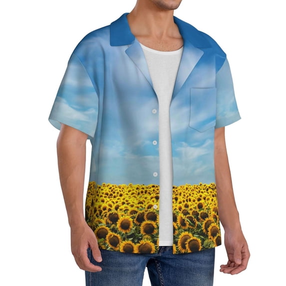 Picia Blooming Sunflower Field Men's Linen Shirts Short Sleeve Cuban Beach Shirts Casual Shirts Button Down Shirt for Men Beach Summer Wedding Shirt-X-Large