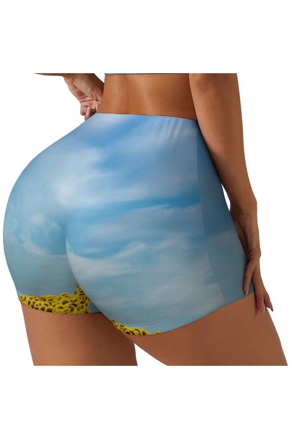 Blooming Sunflower Field Printed Workout Shorts for Women Seamless Scrunch Butt Lifting High Waisted Yoga Gym Booty Running Moisture-wicking Short Pants-Medium