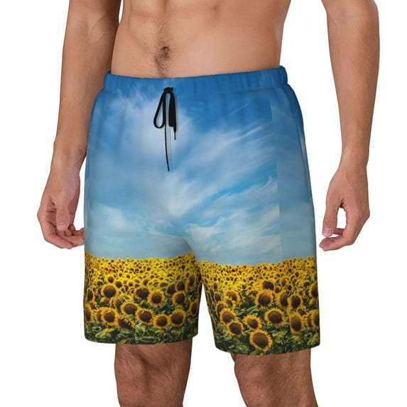 Picia Blooming Sunflower Field pattern Mens Swim Trunks with Compression Liner Stretch Beach Shorts Quick Dry with Zipper Pockets No-Chafing Board Shorts-Small