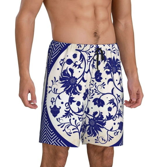 Picia Blue And White Porcelain Pattern Pajama Shorts for Men, Men's Pajama Bottoms, Sleepwear,Short Pajama Pants-X-Large